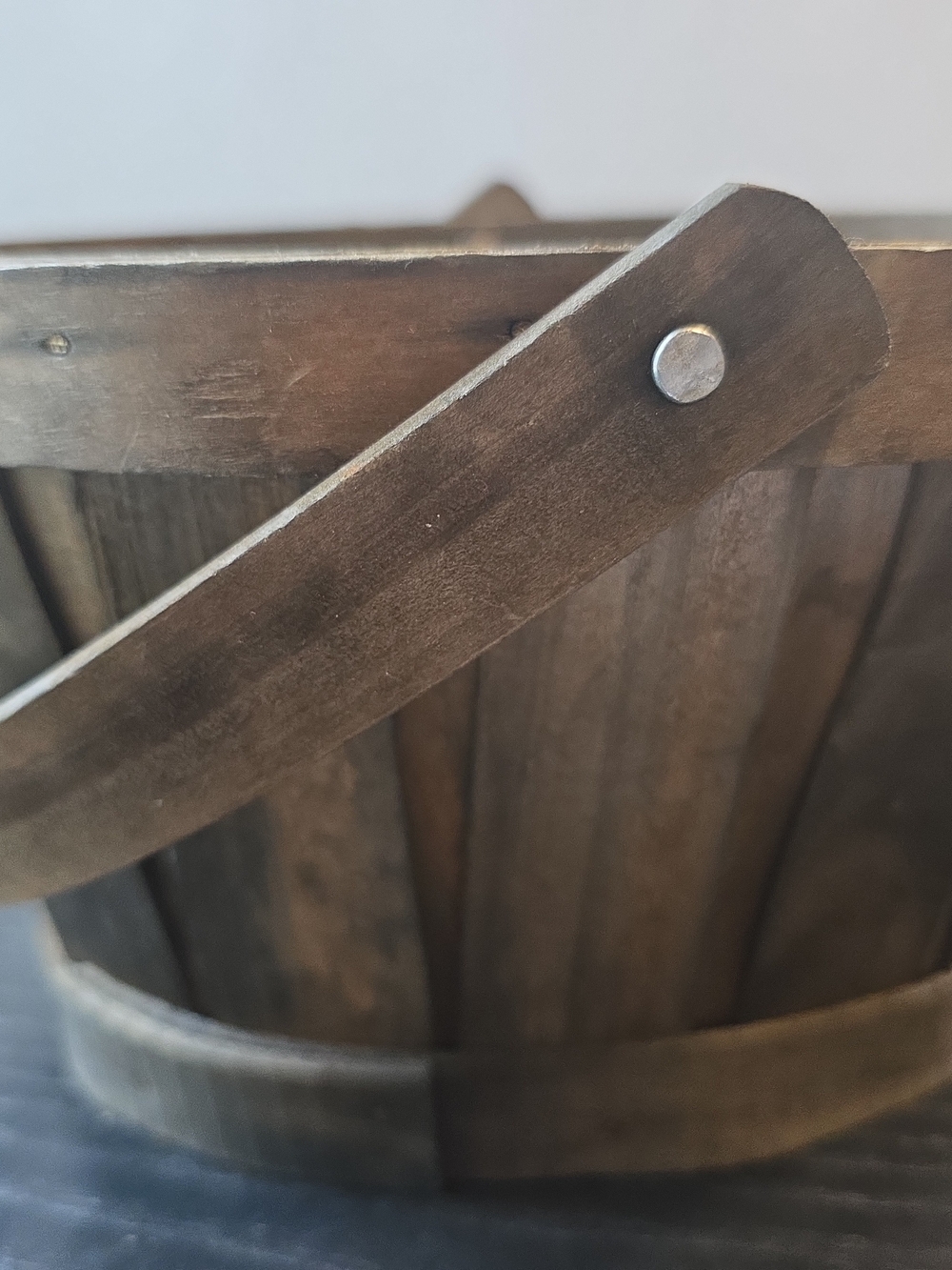 Vintage handcrafted slatted Wood Berry basket Rare, Hand Nailed,  Rivet Handle